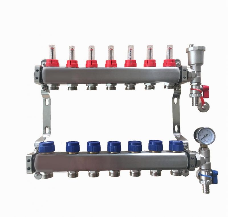 7 Port stainless steel manifold With Pressure gauge and auto air vent