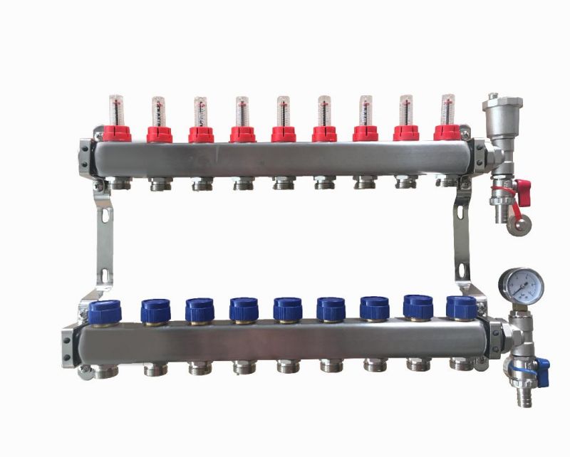 9 Port stainless steel manifold With Pressure gauge and auto air vent