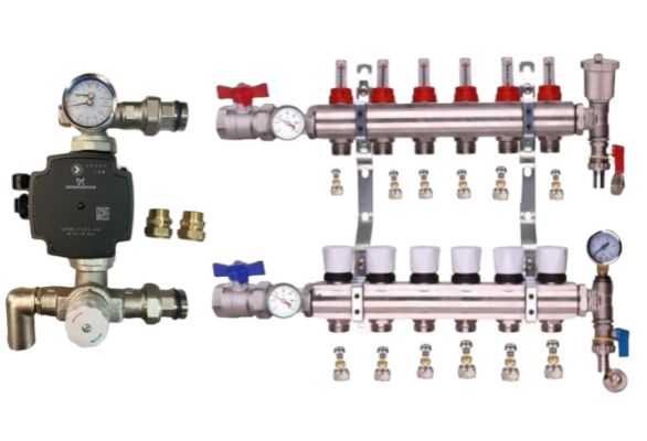 WATER UNDERFLOOR HEATING MANIFOLD 6 PORT A RATED GRUNDFOS PUMP KIT