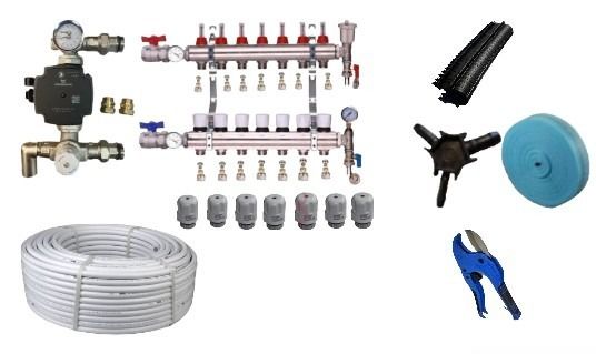 wet underfloor heating complete kit with 16mm pipe and 7 port manifold