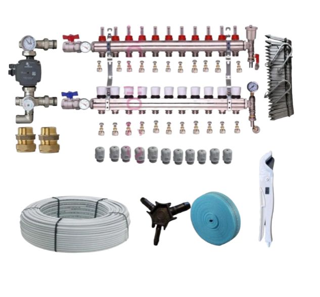 underfloor heating wet kit with 11 port manifold, 12mm pipe