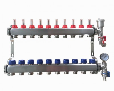 10 Port stainless steel manifold With Pressure gauge and auto air vent